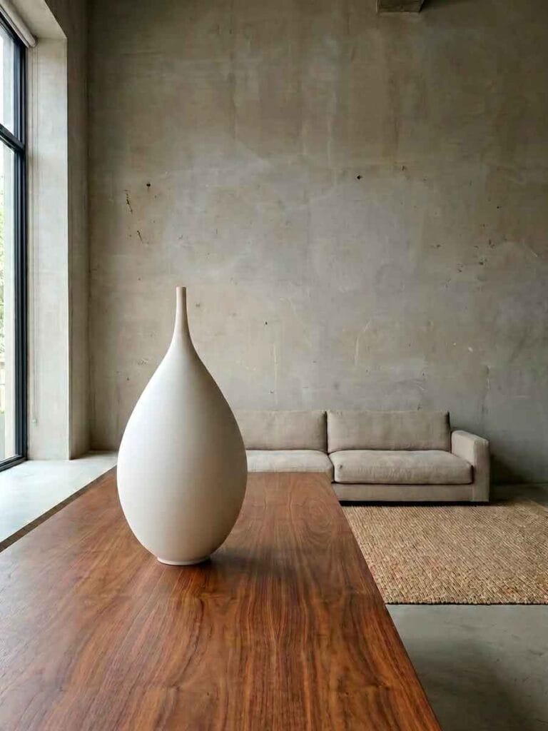 Single ceramic object with negative space — Unikas Quartz on walnut surface, Durao Studio Buenos Aires