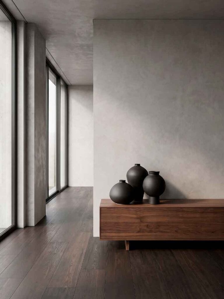Black ceramic vases on walnut console modern interior — Unikas Black collection, Durao Studio Buenos Aires