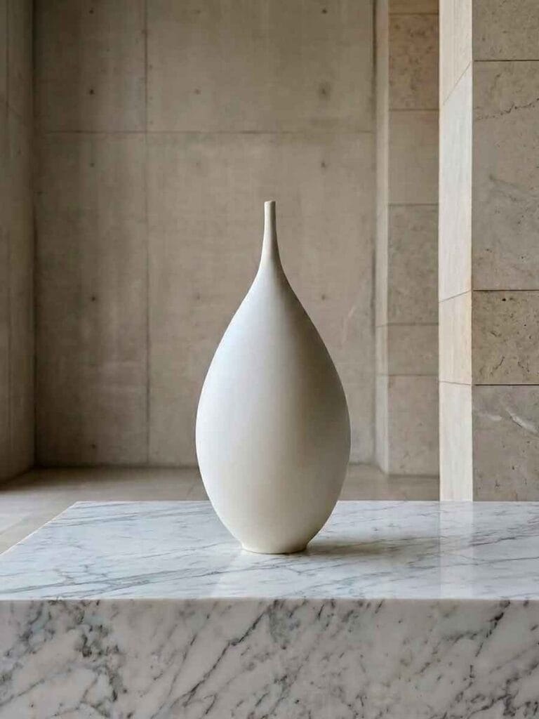 Handmade ceramic art on marble console — interior design project, Unikas Quartz by Fernando Durao