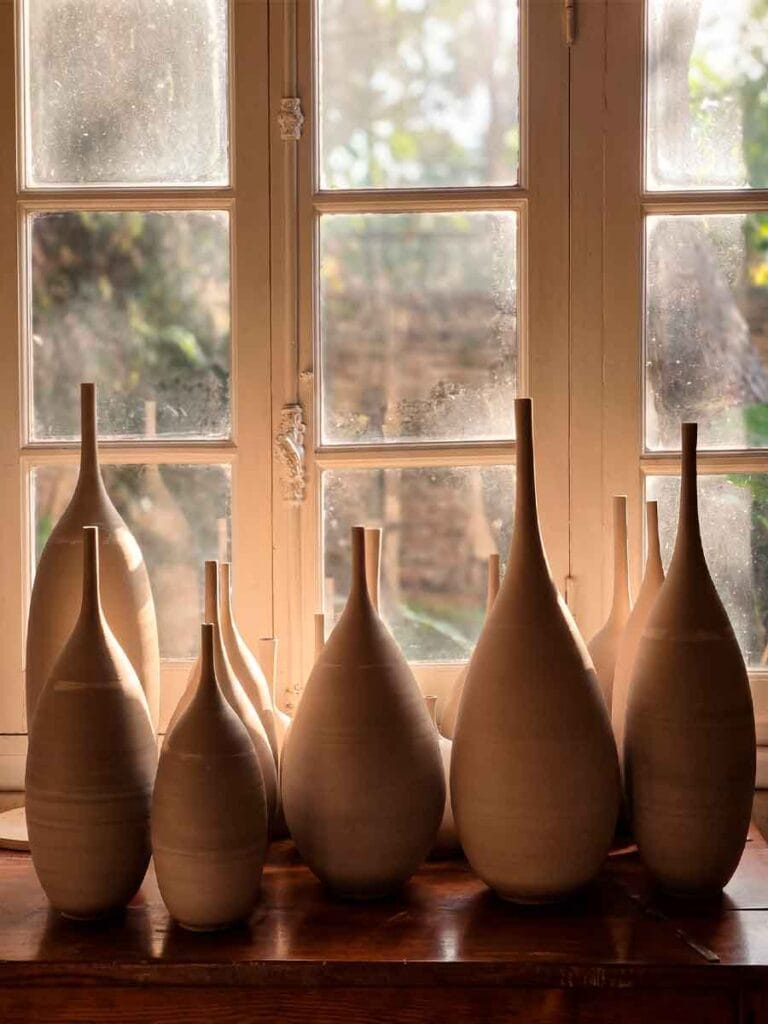 How ceramic vases are made — raw stoneware pieces drying in Fernando Durao's Buenos Aires studio