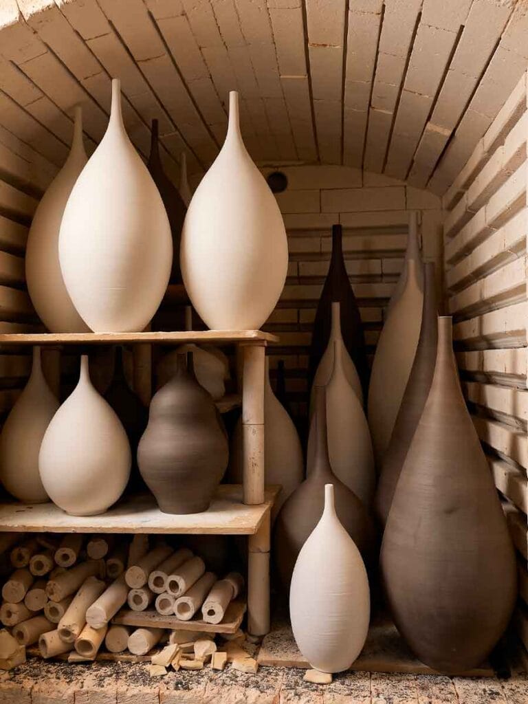 Kiln loaded with slipped stoneware pieces before firing — Fernando Durao's studio, Buenos Aires Argentina
