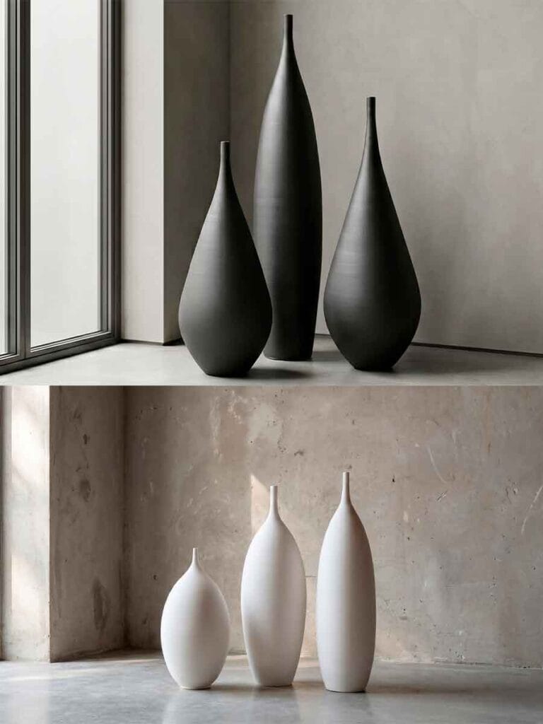 How ceramic vases are made — finished Unikas Black and Quartz on studio shelves, Durao Studio
