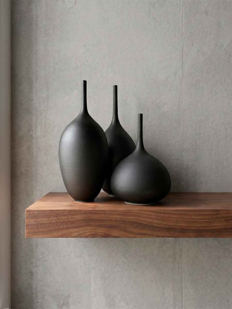 Black ceramic vase set on walnut shelf — Unikas Black handmade stoneware by Fernando Durao, Buenos Aires