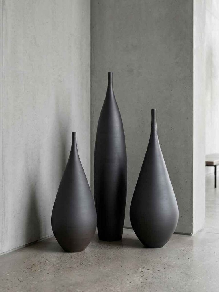 Handmade black ceramic vases in minimalist interior — Unikas Black collection, Durao Studio Buenos Aires