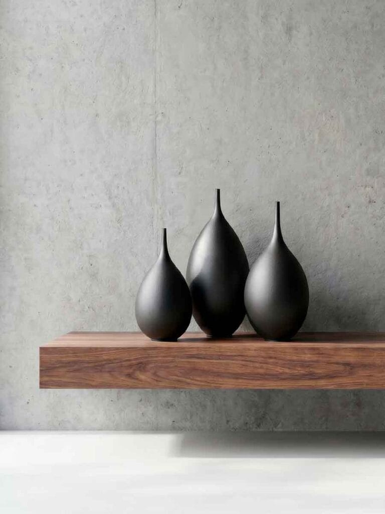Black stoneware vases styled for interior design — Unikas Black handmade ceramic, Durao Studio