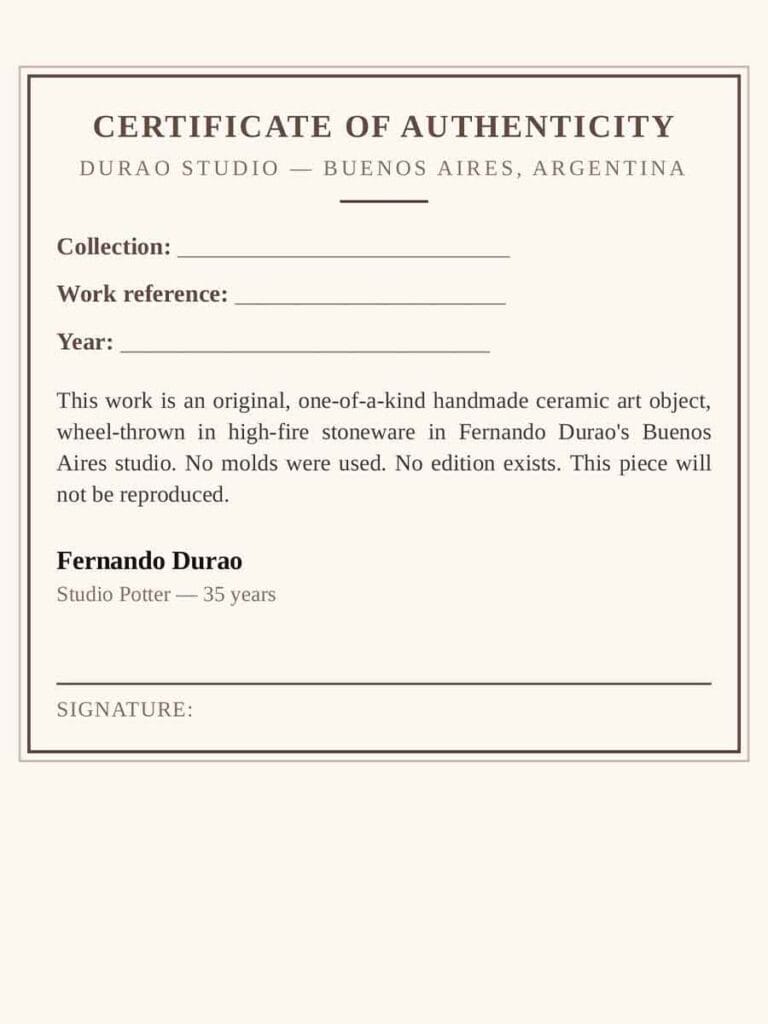 Certificate of authenticity for one of a kind ceramic art — signed by Fernando Durao, Durao Studio Buenos Aires