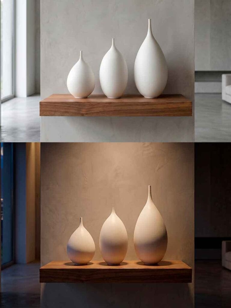 White stoneware vase in natural light — mineral quartz surface Unikas collection, Durao Studio Buenos Aires