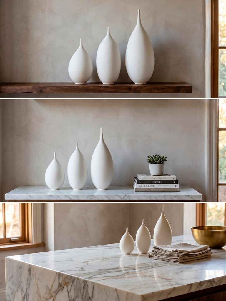 White stoneware vases styled in interior — Unikas Quartz handmade ceramic art by Fernando Durao, ships to US