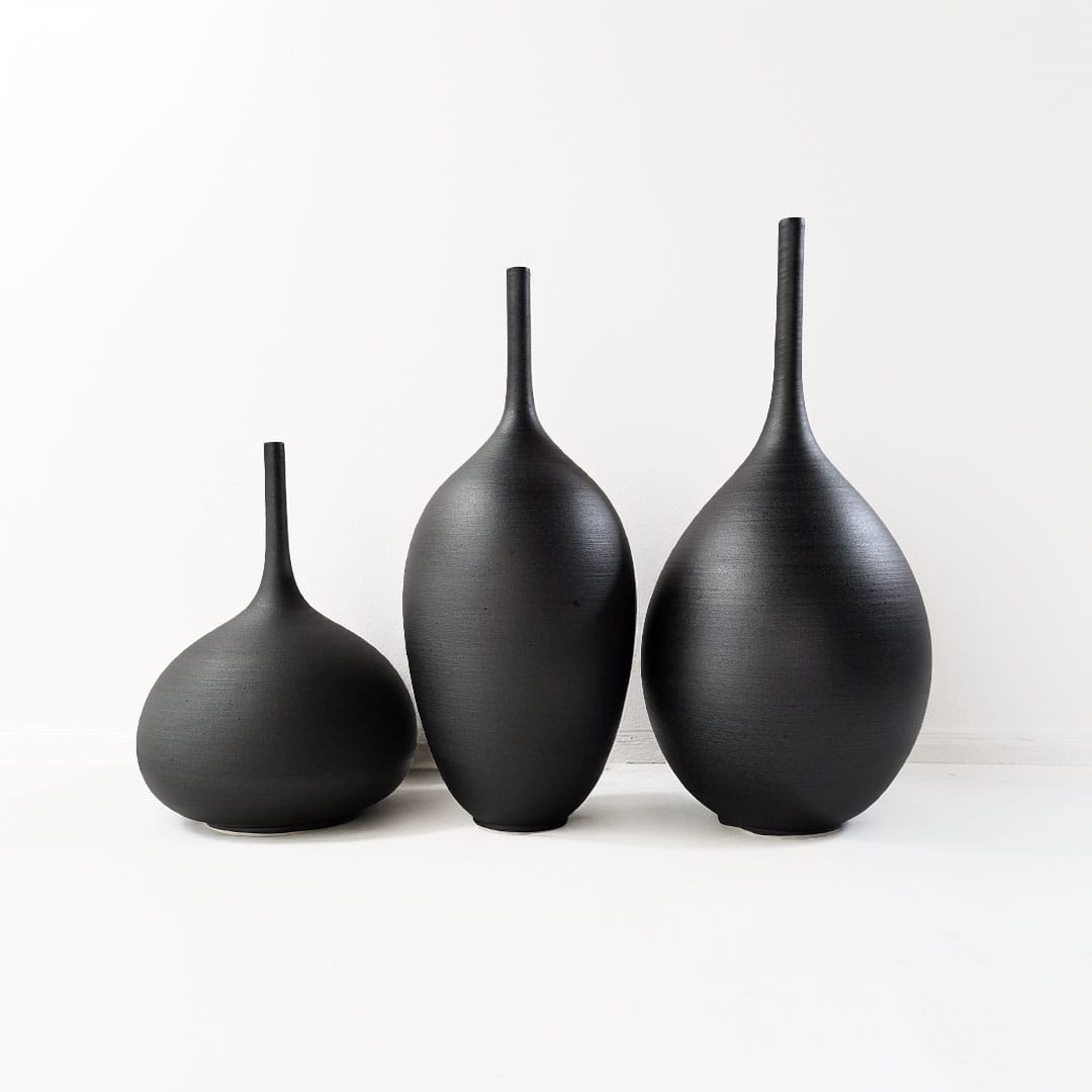 Set of three black stoneware vases with long necks — Unikas Black collection, Durao Studio
