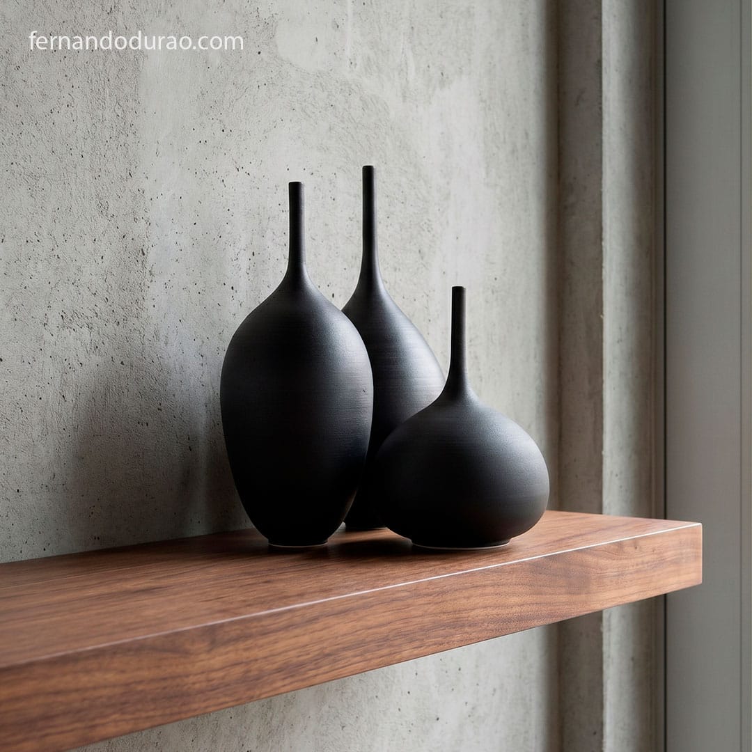 Wheel-thrown black ceramic vase long neck — one of a kind studio pottery by Fernando Durao