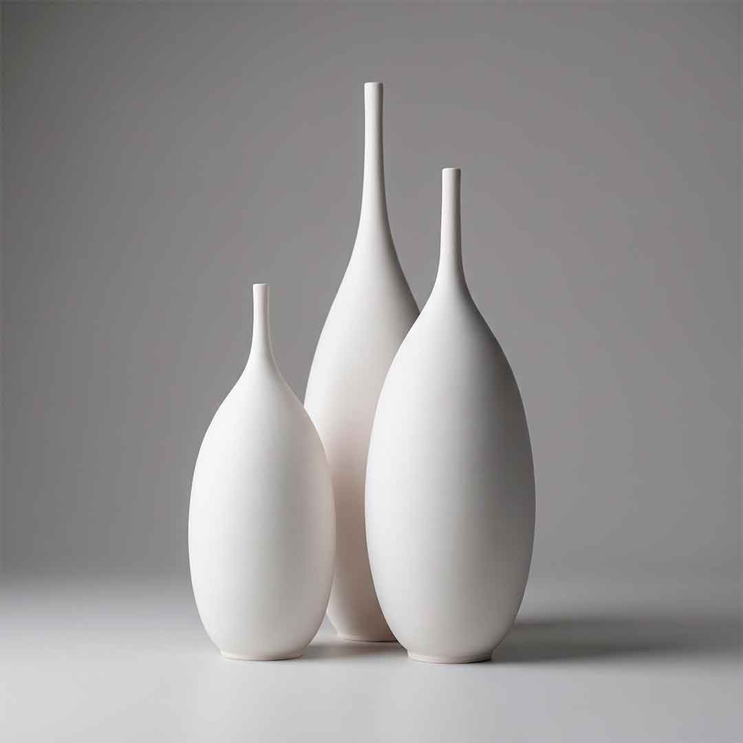 Handmade white stoneware vases long neck — Unikas Quartz #260 by Fernando Durao, Buenos Aires