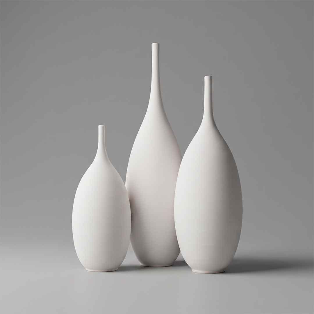 White stoneware vase oval form long thin neck — one of a kind studio pottery, Durao Studio