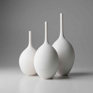 Handmade white ceramic vases round body thin neck — Unikas Quartz #263 by Fernando Durao, Buenos Aires